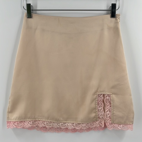 Gabri LA Dresses & Skirts - Nude Lace Trimmed Mini Skirt Lingerie Nude Tan Satin Pink Small